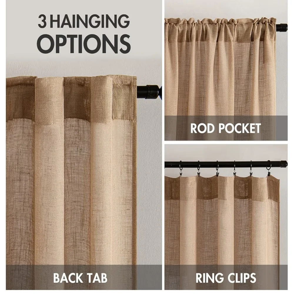 2 Light Brown Linen Color 52Wx63L Textured Burlap Semi Sheer Curtain Panels